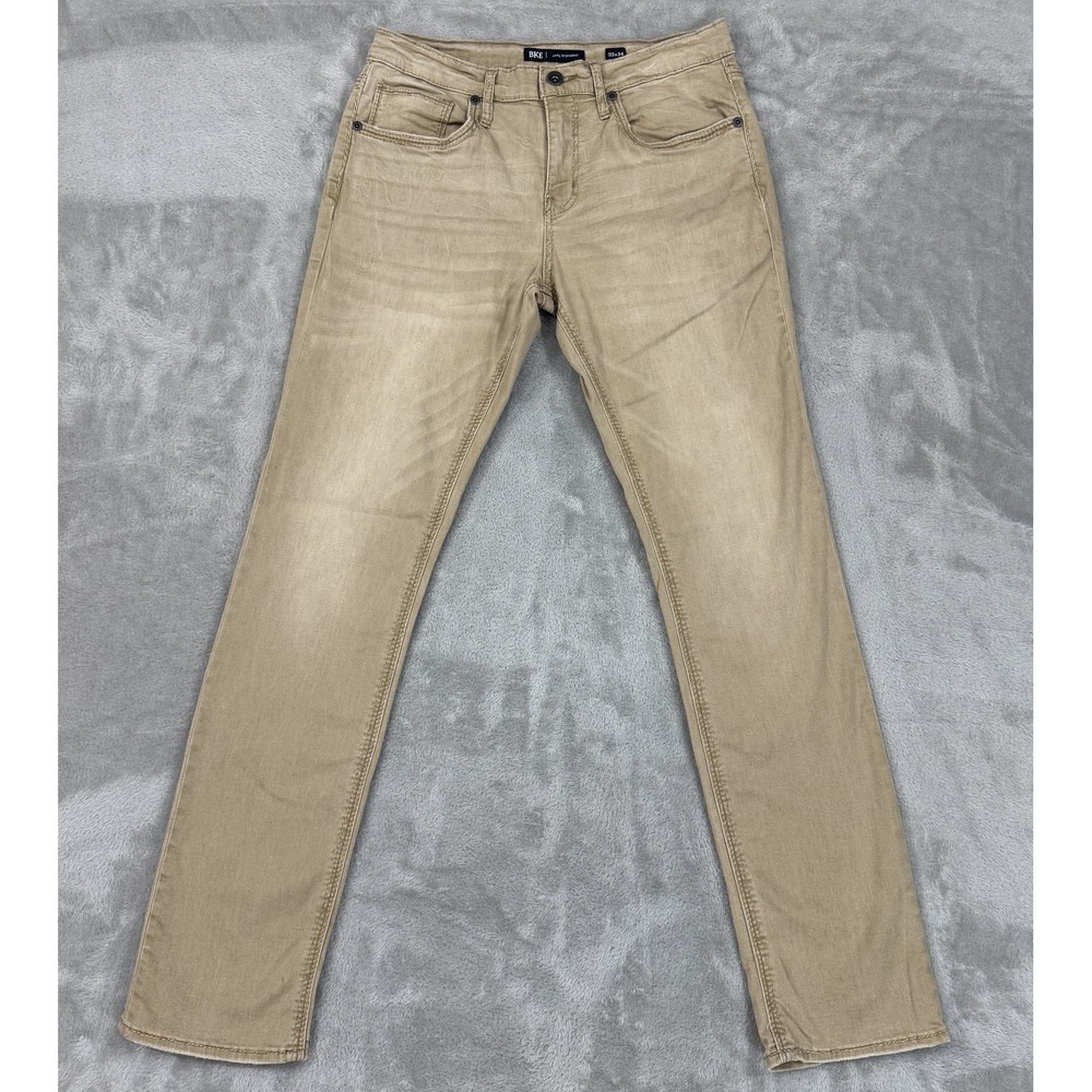 BKE Jake Straight Mens 33x34 Jeans Distressed Khaki Beige Stretch Buckle Cowboy